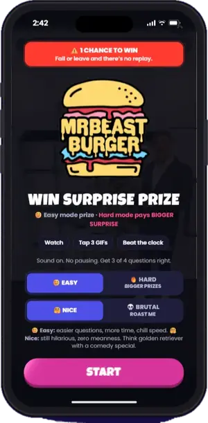MrBeast Burger demo game on an iPhone in the Vidmoola app