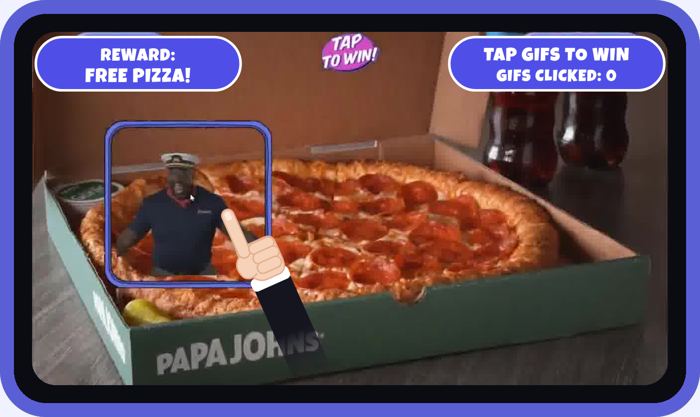 The Papa John's Garlic Epic ad playing inside the Vidmoola game, with a hand tapping the Shaq GIF